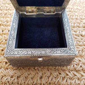 White Metal Velvet Lined Box with OM Pattern (approx. 10x10x6cm)