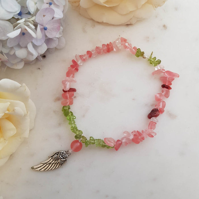 Cherry Quartz & Peridot Bracelet with Angel Charm (handmade in NZ)