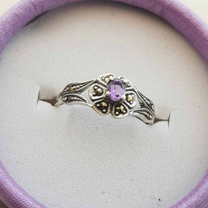 Amethyst Flower Marcasite Sterling Silver Ring