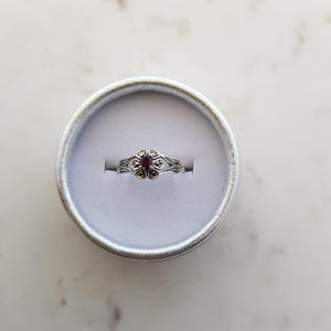 Garnet Flower Marcasite Sterling Silver Ring