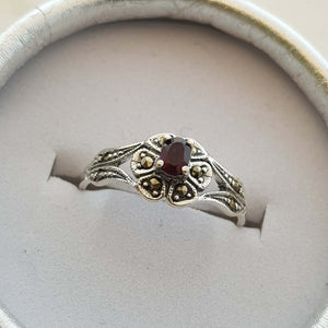 Garnet Flower Marcasite Sterling Silver Ring