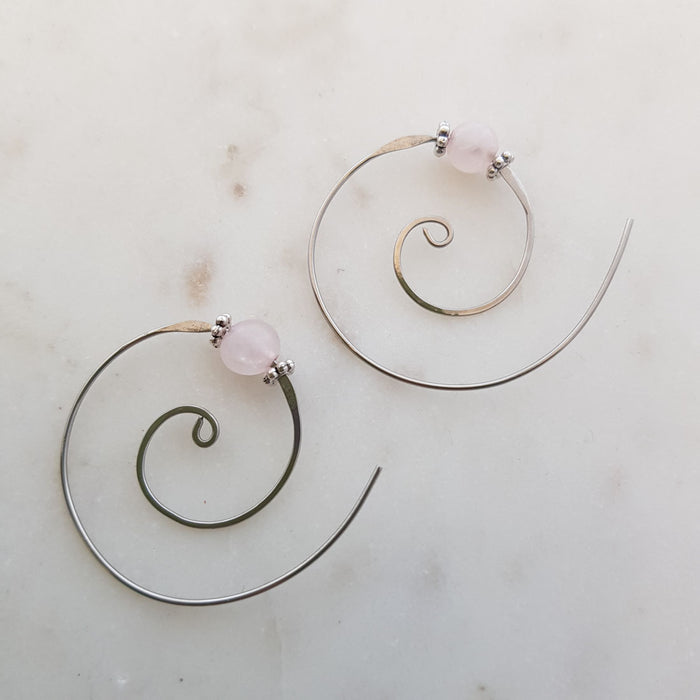 Rose Quartz Spiral Earrings (Stainless Steel)