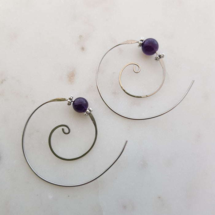 Amethyst Spiral Earrings (Stainless Steel)