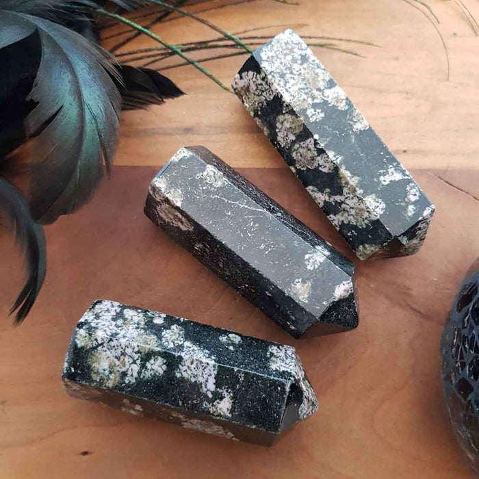 Luxullianite (a combination of granite, quartz, mica, tourmaline, feldspar) Polished Point (assorted. approx. 7x2.5x2.5cm)