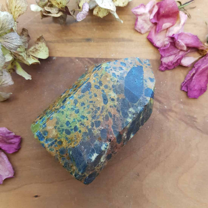 Blue Apatite in Green Opal Polished Point (approx. 8x5x3cm)