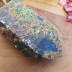 Blue Apatite in Green Opal Polished Point