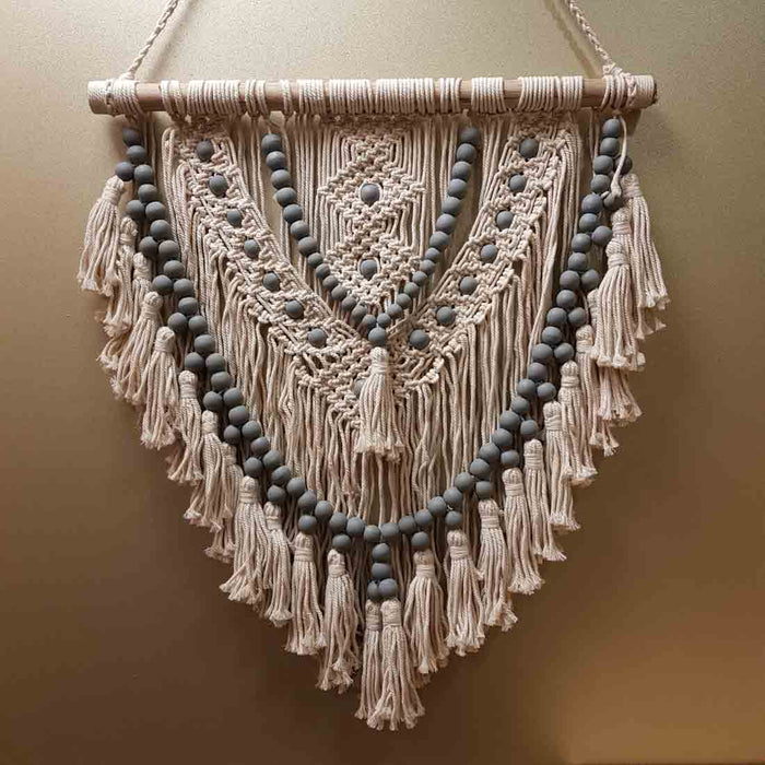 Macrame Beaded Hanging Cream with Grey Beads (approx. 60x70cm)