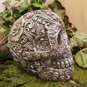Engraved Skull Silver Antique Look Resin