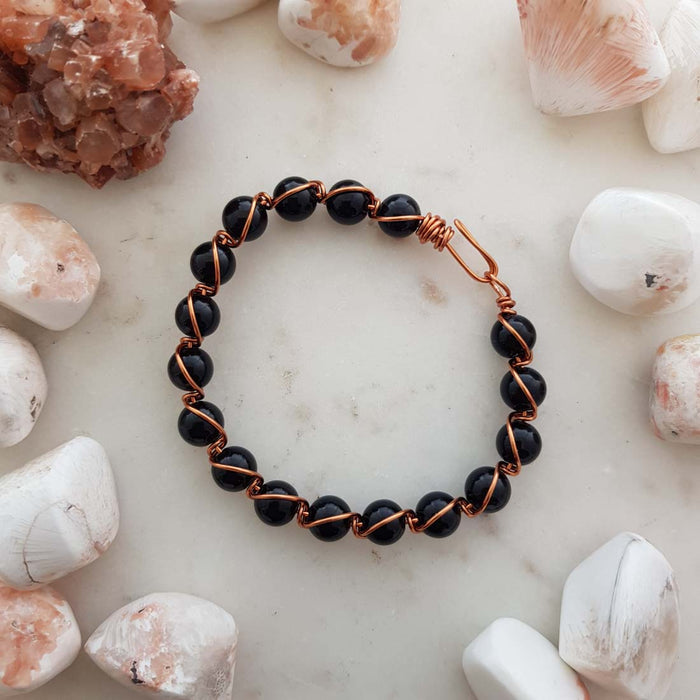 Black Obsidian Copper Wrapped Bracelet (medium. hand crafted in NZ)