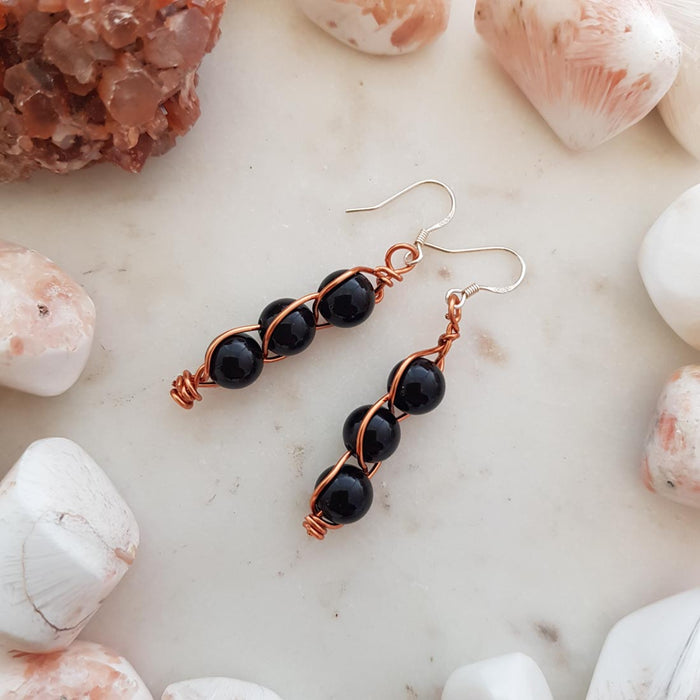 Black Obsidian Copper Wrapped Earrings (sterling silver hooks. hand crafted in NZ)