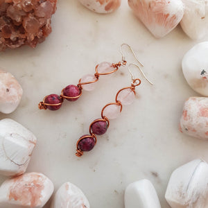 Rose Quartz & Rhodonite Copper Wrapped Earrings
