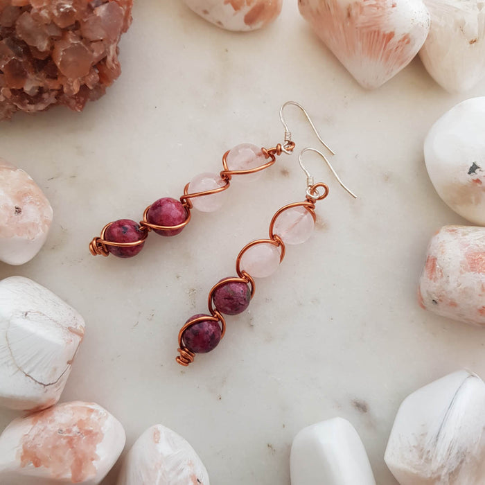 Rose Quartz & Rhodonite Copper Wrapped Earrings (sterling silver hooks. hand crafted in NZ)