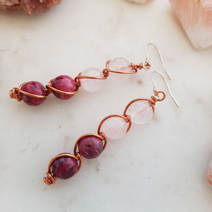 Rose Quartz & Rhodonite Copper Wrapped Earrings