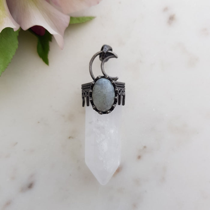 White Quartz with Labradorite Cabochon Pendant (assorted & larger. antique look metal)