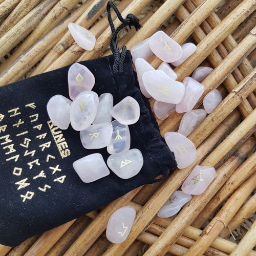 Rose Quartz Rune Set w. Information Sheet & Drawstring Bag (assorted)
