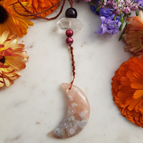 Cherry Blossom Agate & Clear Dt Quartz Garnet & Thulite Moon Pendant (hand crafted in NZ)