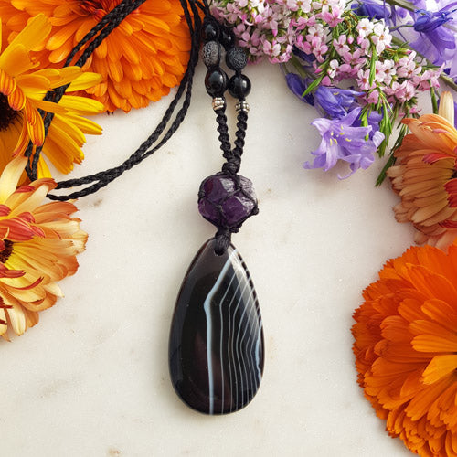 Black Agate & Amethyst With Obsidian Pendant (hand crafted in NZ)