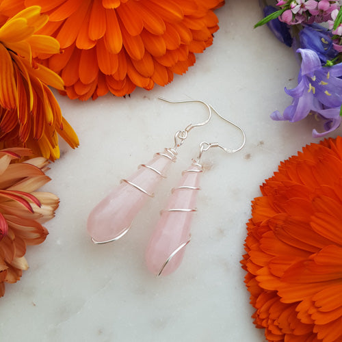 Rose Quartz Tear Drop With Silver Look Twist  (sterling silver hooks. hand crafted in NZ)