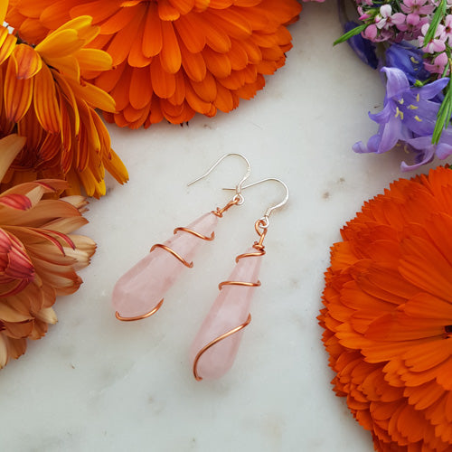 Rose Quartz Tear Drop Earrings With Copper Twist  (sterling silver hooks. hand crafted in NZ)