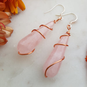 Rose Quartz Teardrop Earrings With Copper Twist