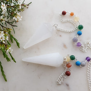 Selenite Faceted Pendulum with Chakra Beads