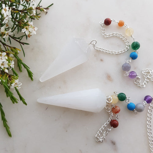 Selenite Faceted Pendulum with Chakra Beads (assorted)