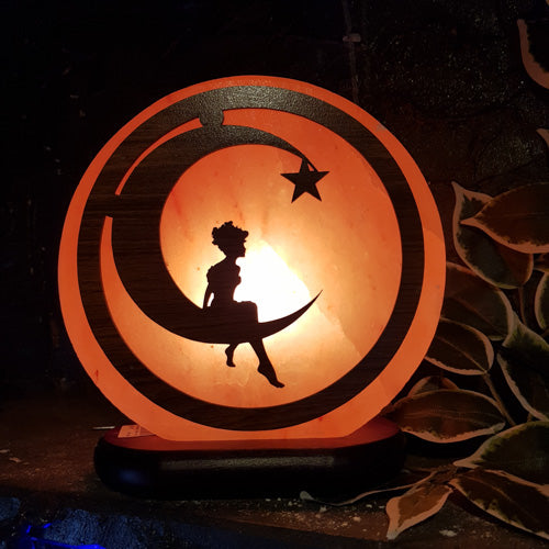Fairy in Crescent Moon Salt Lamp (assorted. approx. 20cm diameter)