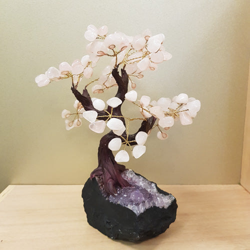 Rose Quartz Tree on Amethyst Cluster and Black Base (approx. 28x24x17cm)