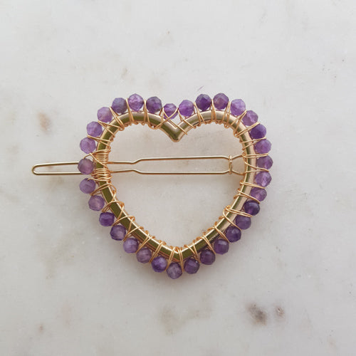 Amethyst Heart Hair Clip (assorted. dyed. gold look metal)