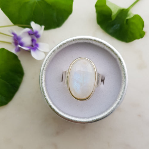 Rainbow Moonstone Oval Ring (sterling silver)