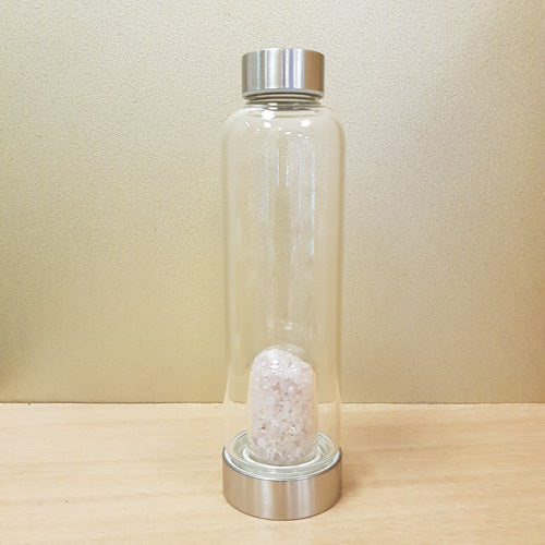 Rose Quartz Crystal Chip Energy Water Bottle (assorted approx. 500ml capacity Domed Chamber with Neoprene Sleeve)