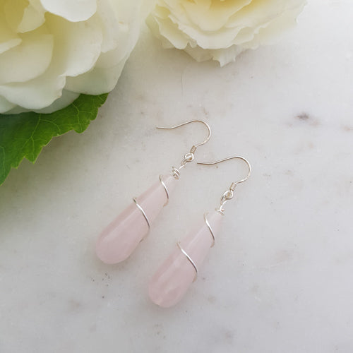 Rose Quartz Tear Drop Earrings with Silver Metal Twist Hand Crafted in Aotearoa New Zealand (assorted. sterling silver hooks)