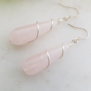 Rose Quartz Tear Drop Earrings with Silver Metal Twist