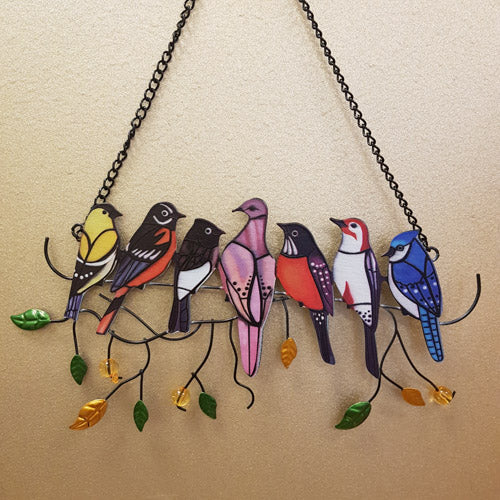 7 Birds Sitting on a Branch hanging (approx 23.5 x13cm)