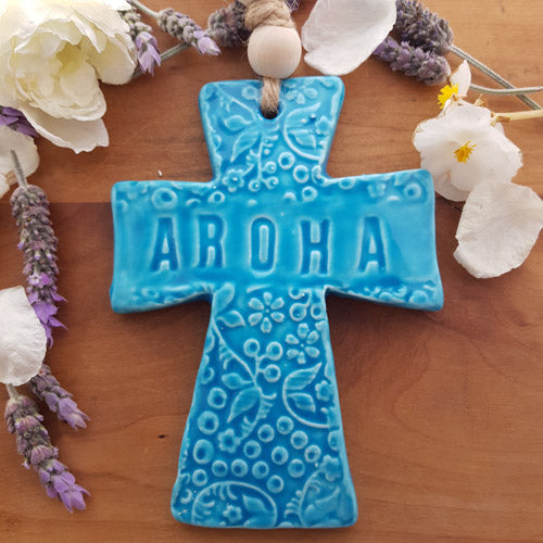 Aroha Turquoise Ceramic Hanging Cross With Beads In Box (approx 17x30cm)
