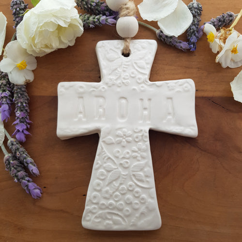 White Aroha Cross Ceramic Hanging Cross With Beads In Box (approx 17x30cm)