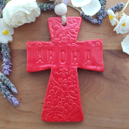 Red Aroha Cross Ceramic Hanging Cross With Beads In Box (approx 30x17cm)