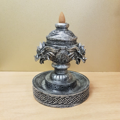 Dragon Pewter Look Backflow  Incense Cone Burner (approx. 18x14.5x14.5cm)