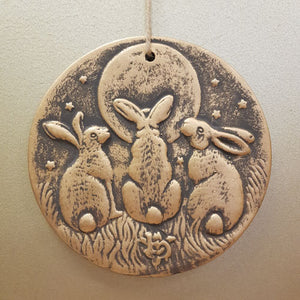 Hare's Gazing at the Moon Wall Art (bronze look terracotta. approx. 20x20cm).