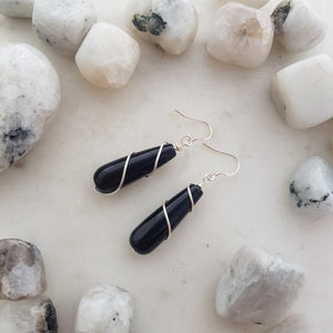 Black Agate Tear Drop Earrings with Silver Metal Twist Hand Crafted in Aotearoa New Zealand (assorted. sterling silver hooks)
