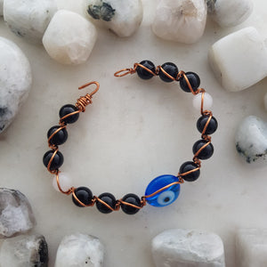 Blue Eye, Black Obsidian & White Jade Copper Wrapped Bracelet Hand Crafted in Aotearoa New Zealand (assorted)