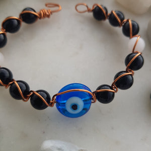 Blue Eye, Black Obsidian & White Jade Copper Wrapped Bracelet Hand Crafted in Aotearoa New Zealand (assorted)