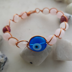 Blue Eye, Rose Quartz & Rhodonite Copper Wrapped Bracelet Hand Crafted in Aotearoa New Zealand (assorted)