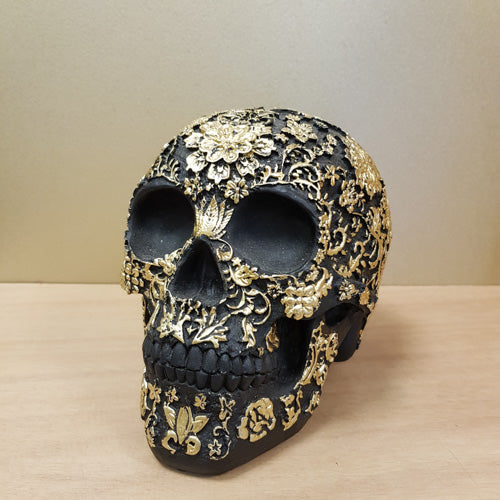 Black Skull with Golden Embellishment (approx. 13x18x13cm)
