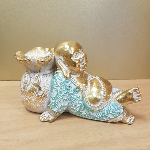 Lucky Buddha Gold And Turquoise Candle Holder (approx 21x11x12.5cm)