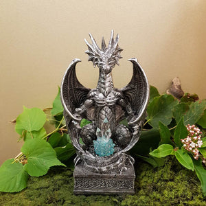 Pewter Look Dragon Guarding Crystals With LED (approx 25x14x12cm)