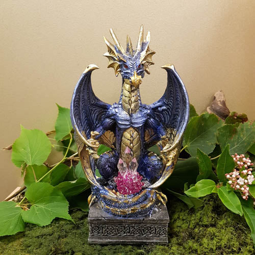 Dragon Guarding Crystals Blue With LED (approx 25x14x12cm)