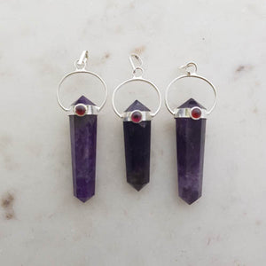 Amethyst Faceted Point Pendant with Garnet Cabochon