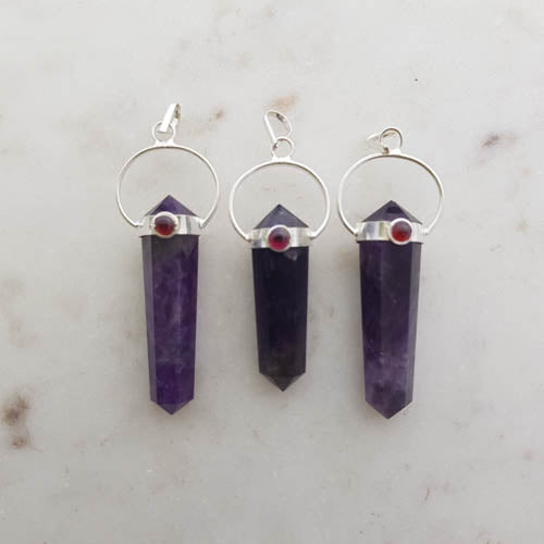 Amethyst Faceted Point Pendant with Garnet Cabochon (assorted. silver metal
