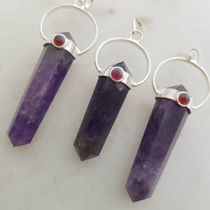Amethyst Faceted Point Pendant with Garnet Cabochon